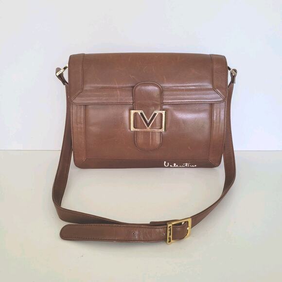 Mario Valentino Bag Shoulder Handbag Vintage Italian Brown Logo Leather Small - Picture 1 of 11